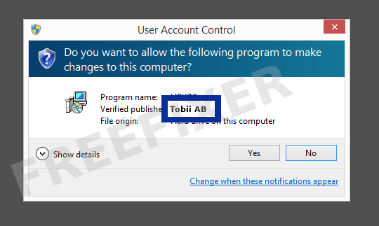 Screenshot where Tobii AB appears as the verified publisher in the UAC dialog
